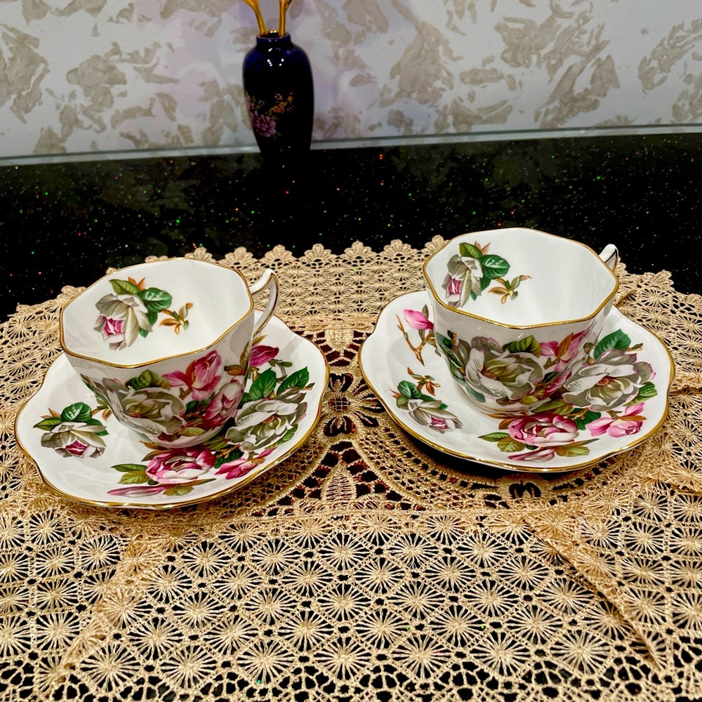 2 VTG Rosina Fine Bone China Tea Cup And Saucer Pink & White Azaleas Gold Trim